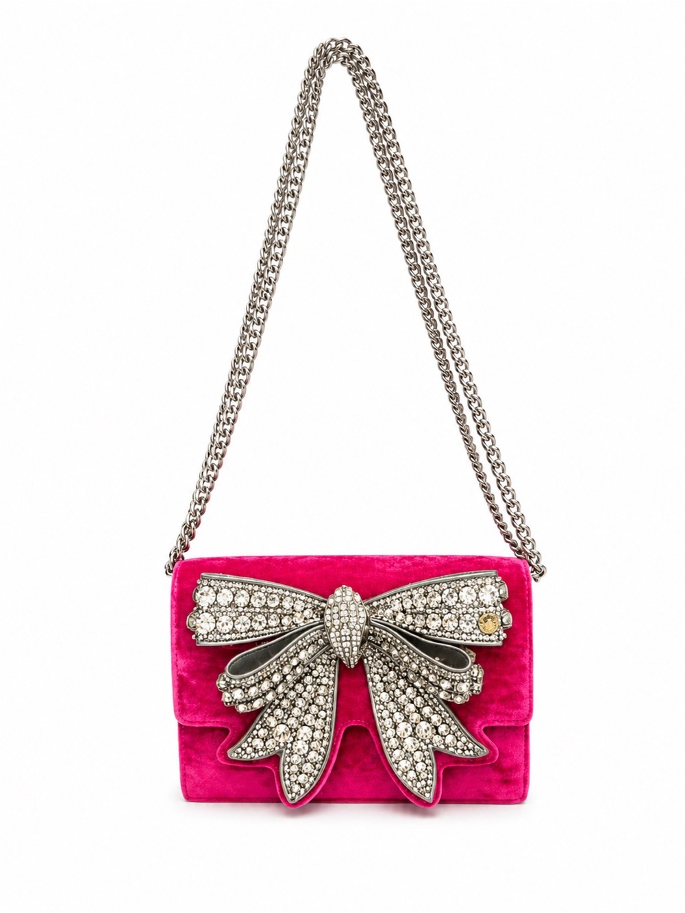 Pink Velvet Shoulder Bag with Crystal Bow Accent